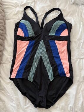 Black Colorblock One-Piece Swimsuit with Pink & Blue Accents